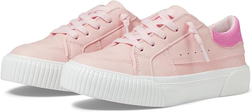 A pair of stylish pink sneakers featuring a pink heel tab and white rubber soles, designed for casua...