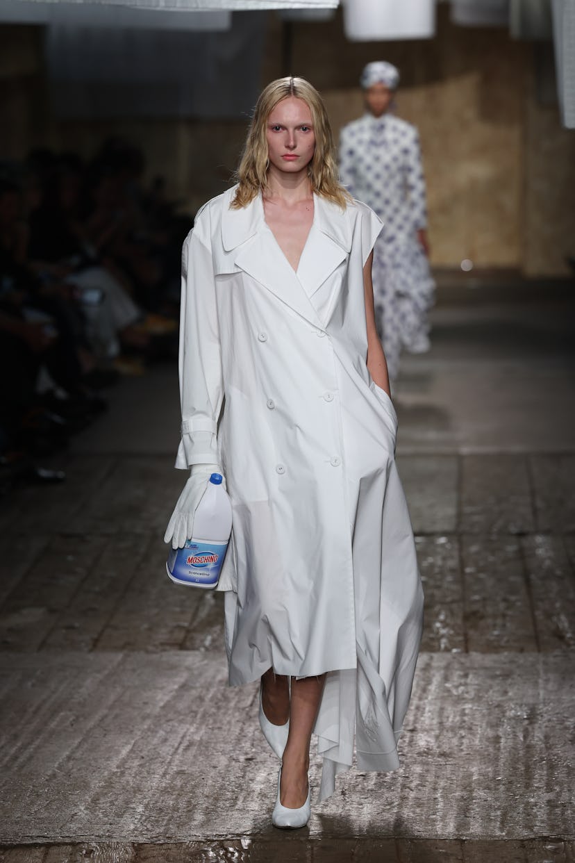 MILAN, ITALY - SEPTEMBER 19: A model walks the runway at the Moschino fashion show during the Milan ...