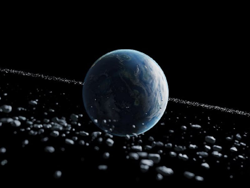 illustration of Earth surrounded by a ring of rocky debris