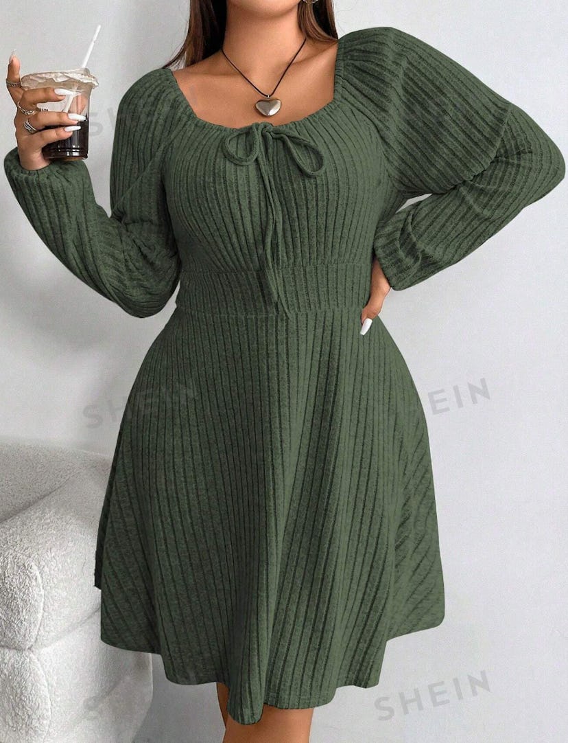 Knot Front Lantern Sleeve Ribbed Knit Dress