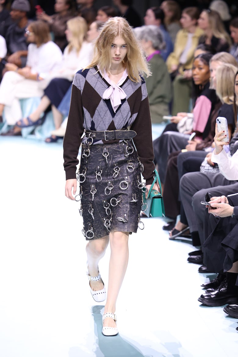 A model walks the runway at the Prada fashion show during the Milan Womenswear Spring/Summer 2025 on...