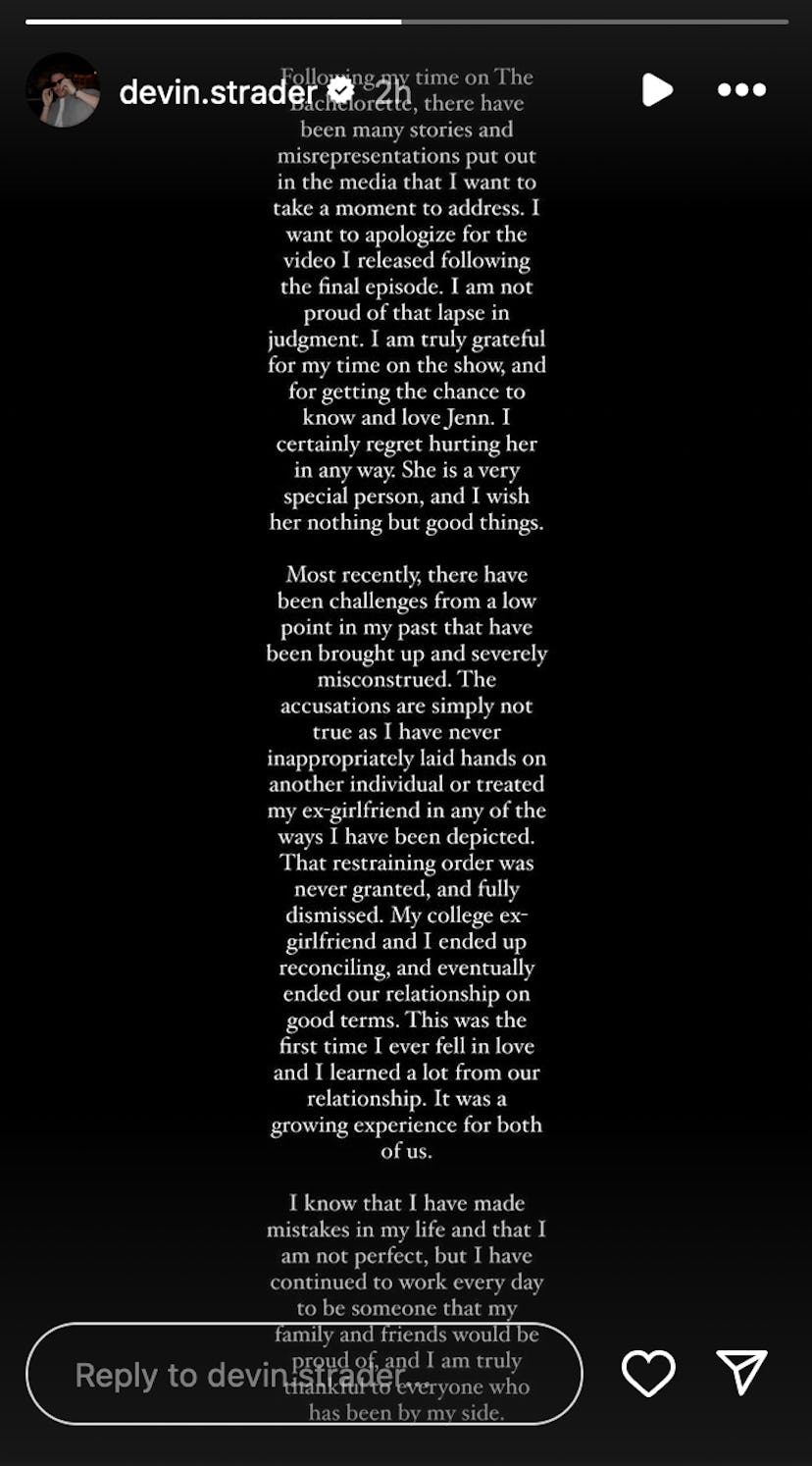 Devin addressed allegations in an Instagram story. Screenshot via Instagram