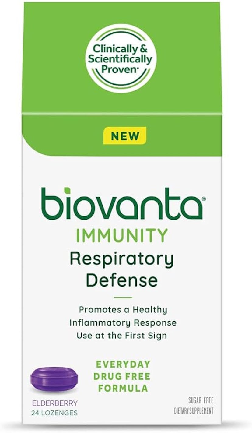 Package for Biovanta Immunity Respiratory Defense lozenges. Features elderberry, sugar-free, drug-fr...