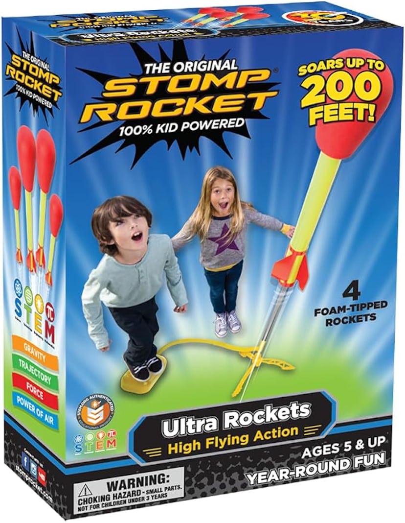 A colorful toy box featuring the Stomp Rocket. It shows two excited children ready to launch rockets...