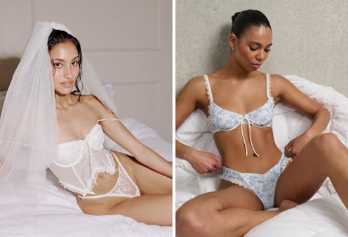 Two models in lingerie are featured. On the left, one wears a white corset with a veil, while the ri...