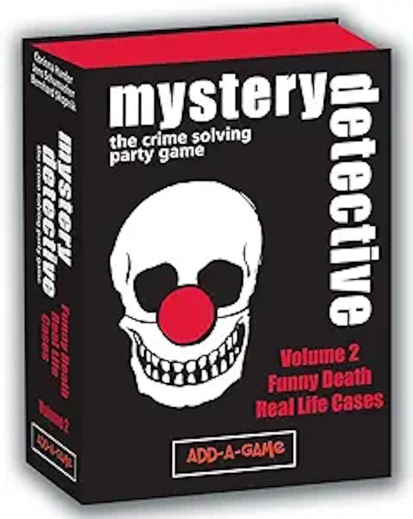 A colorful game box titled "Mystery Detective" featuring a skull with a clown nose, labeled as Volum...