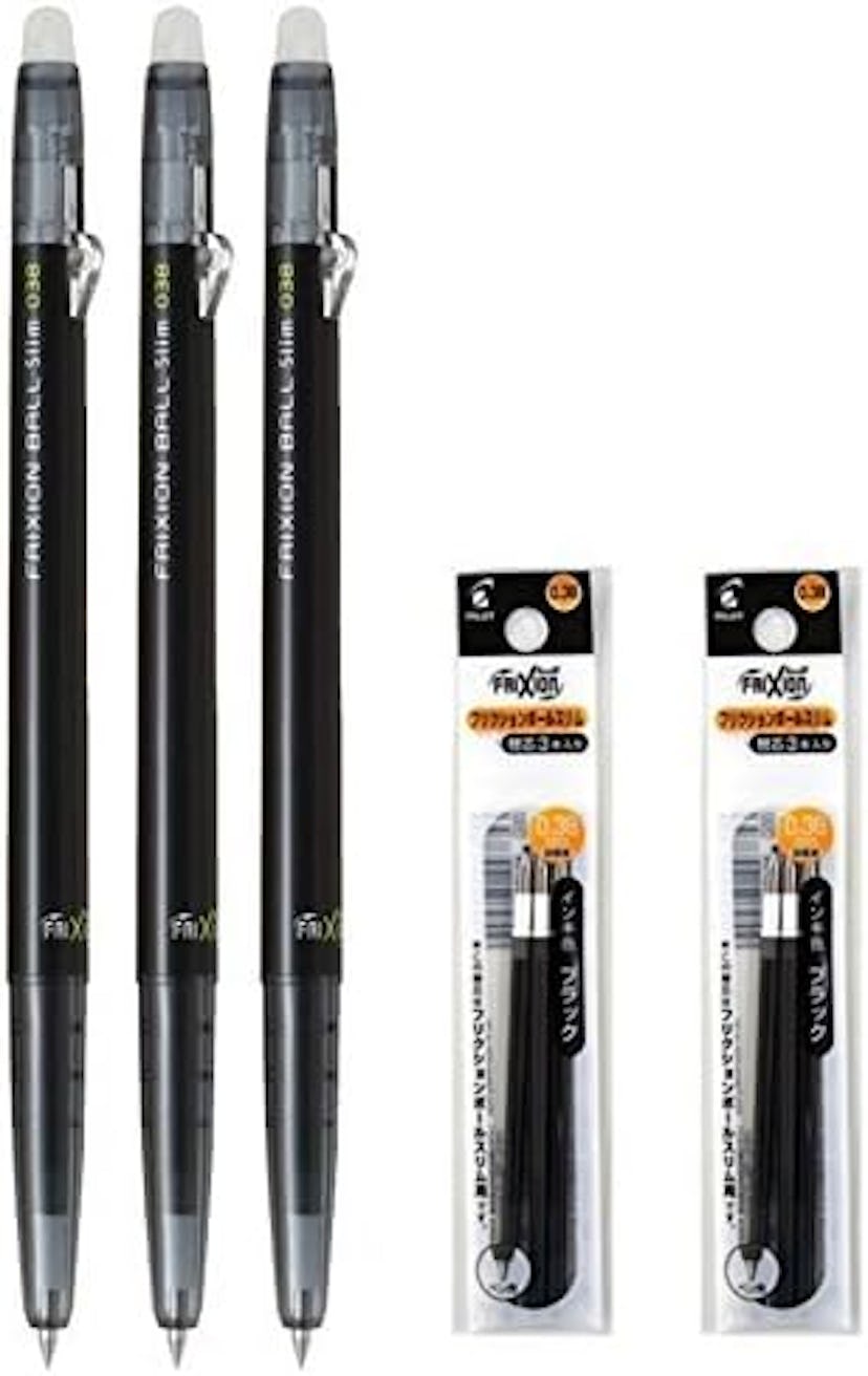 Two packs of black gel pens are displayed: three pens labeled "Frixion Ball Slim 0.38" and two addit...