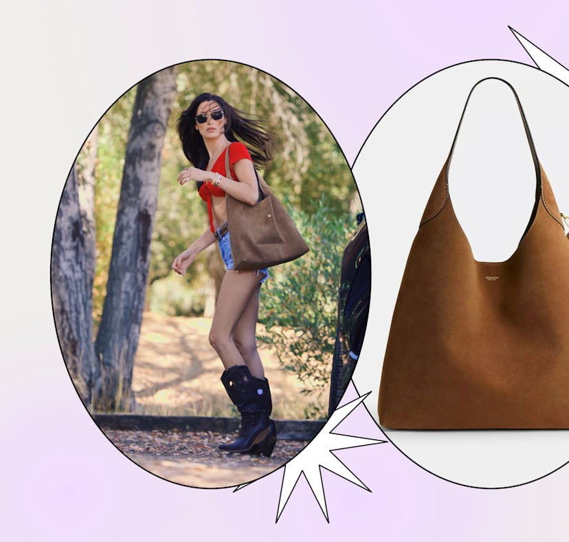 Bella Hadid carrying the Coach Brooklyn Shoulder Bag 39 in brown.