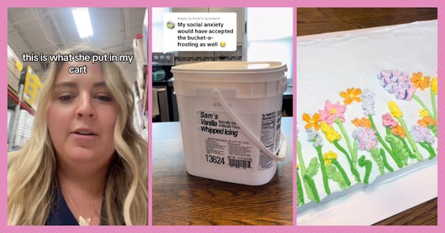 A woman talks about her shopping experience, followed by an image of a tub of vanilla frosting and a...