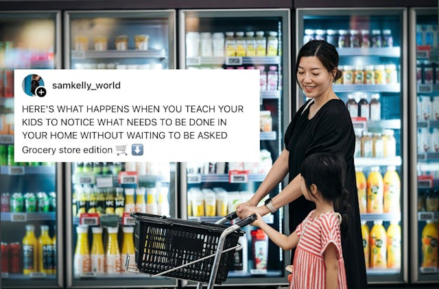 Mom and daughter in grocery store. A mom shared her strategy for an easy-breezy shopping trip.
