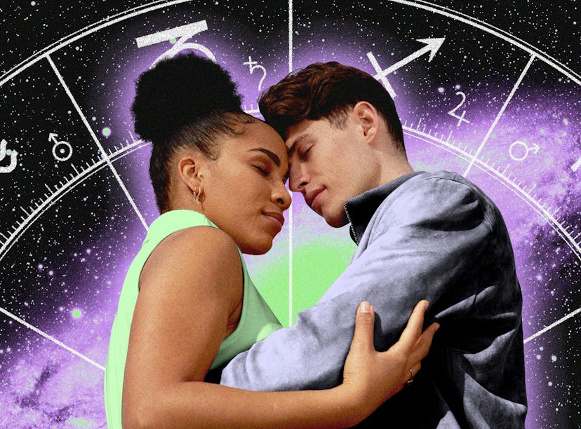 A couple in love in front of an astrological chart to symbolize the Libra sola eclipse spelling roma...