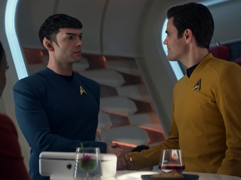 Spock (Ethan Peck) meets Kirk (Paul Wesley) in 'Strange New Worlds.'