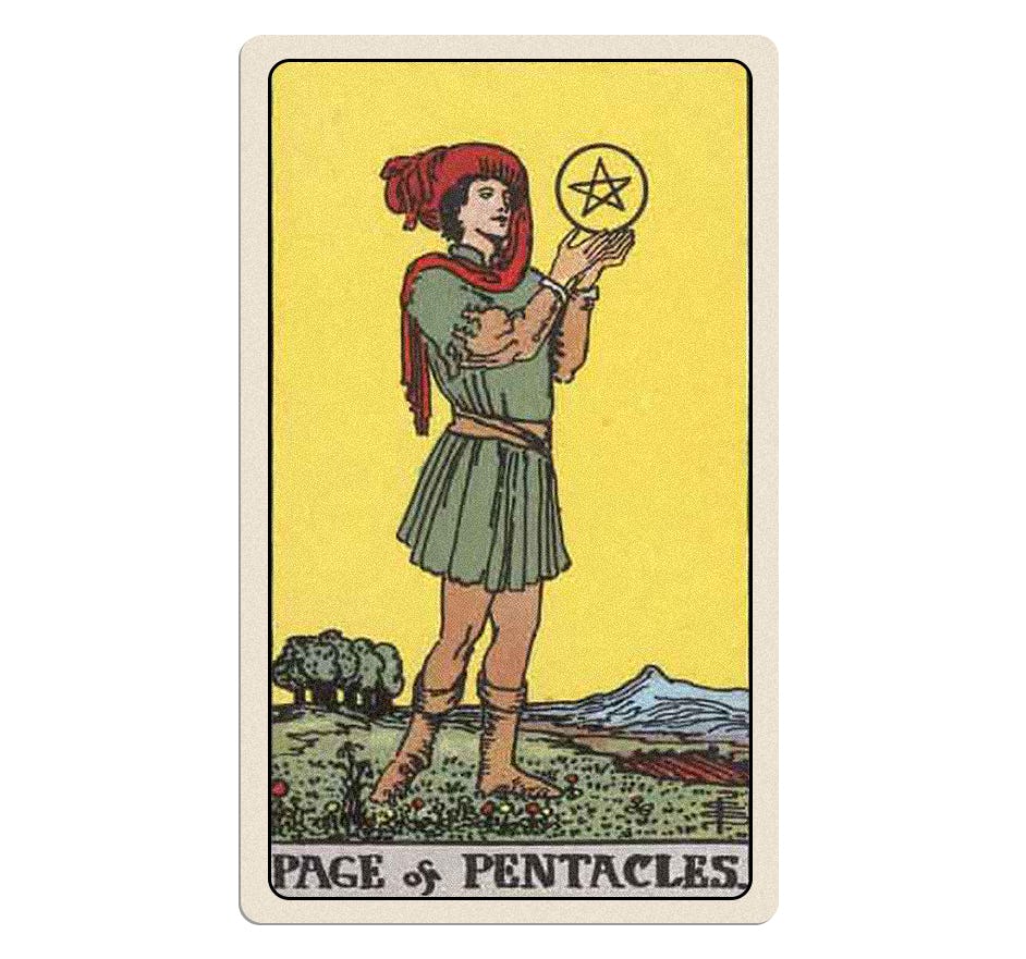 Your October 2024 tarot reading includes the minor arcana Page of Pentacles card.