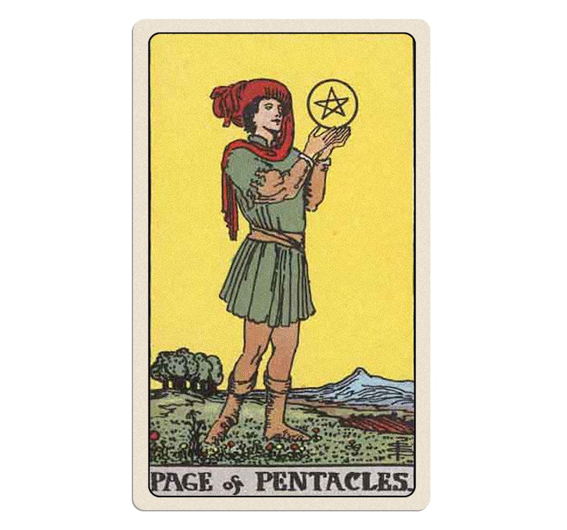 Your October 2024 tarot reading includes the minor arcana Page of Pentacles card.