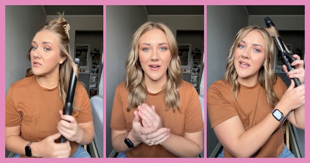 A series of three images shows a woman with wavy hair styling her hair using a curling iron, wearing...