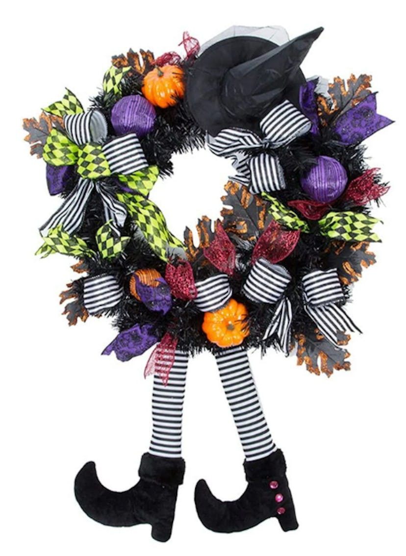 Halloween Wreath With Witch Hat & Legs, one of the best cheap halloween decorations you can reuse