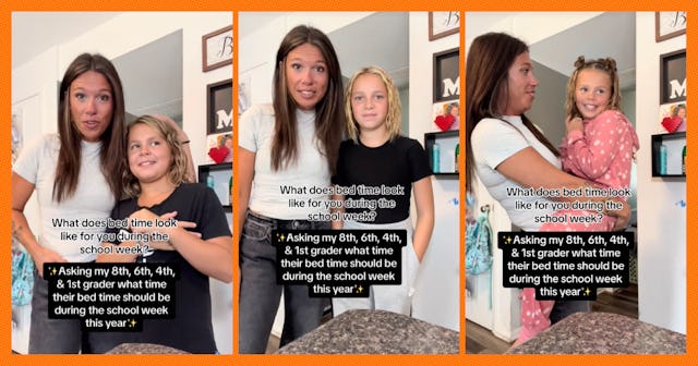 Three images feature a woman with children discussing bedtime routines. Each image highlights differ...