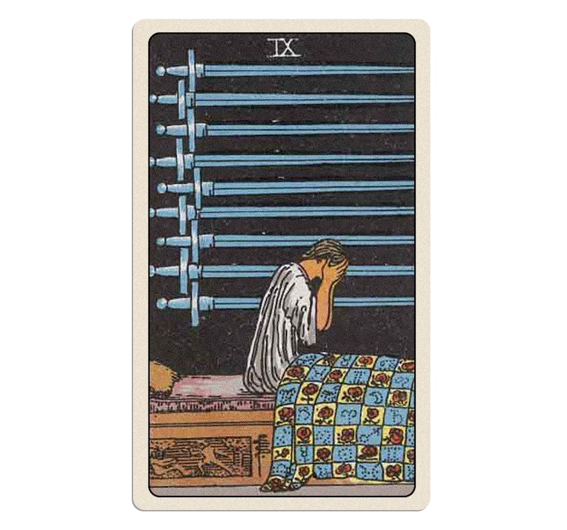 Your October 2024 tarot reading includes the minor arcana Nine of Swords card.