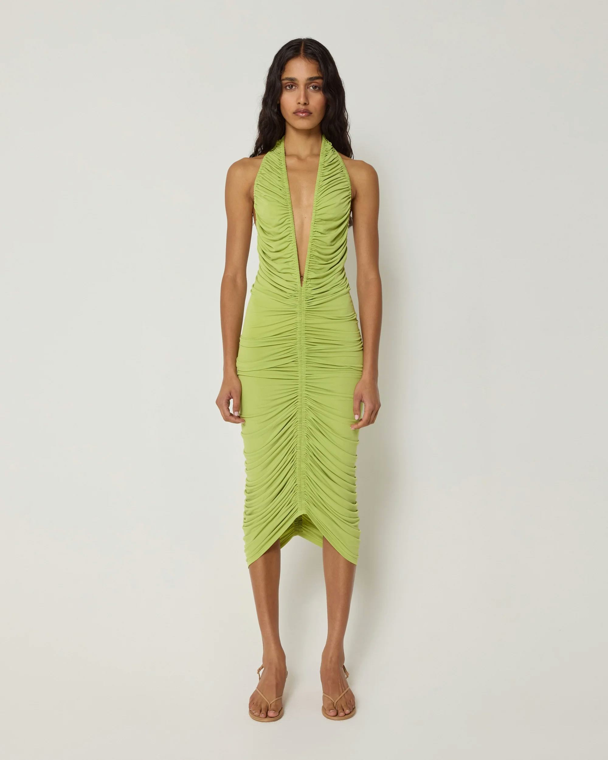 Plunging Ruched Midi Dress
