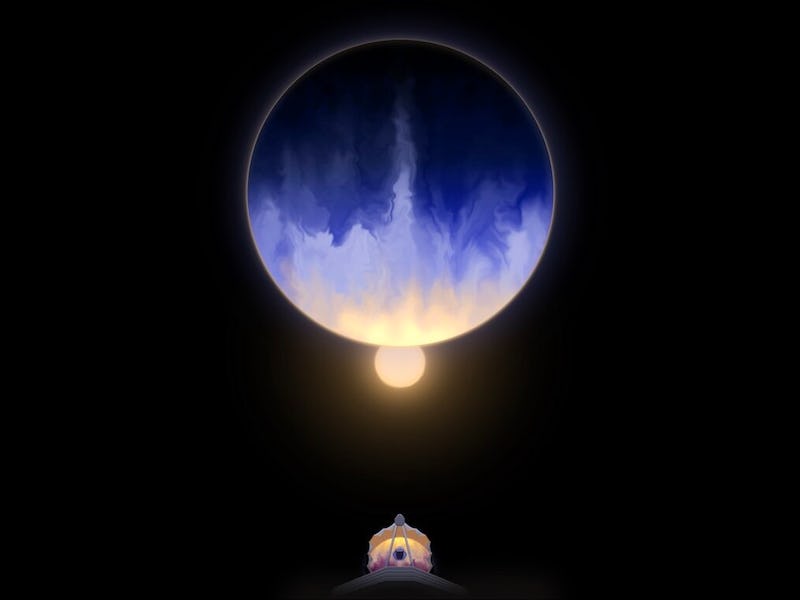 A serene night sky features a large moon with swirling clouds, hovering above a small, cozy house, i...