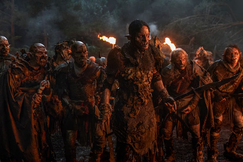 Glûg (Robert Strange) leads the Orc army in The Lord of the Rings: The Rings of Power