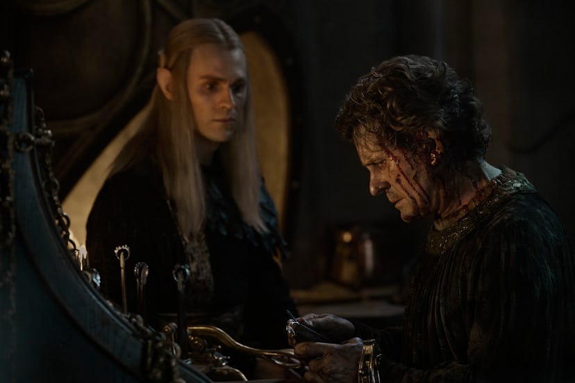 Annatar (Charlie Vickers) and Celebrimbor (Charles Edwards) in The Lord of the Rings: The Rings of P...