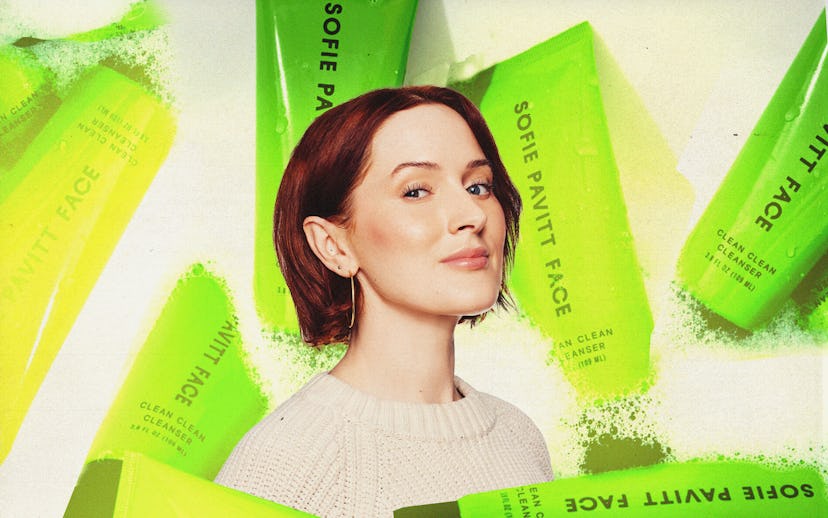 A portrait of facialist Sofie Pavitt on a background of her Sofie Pavitt Face products