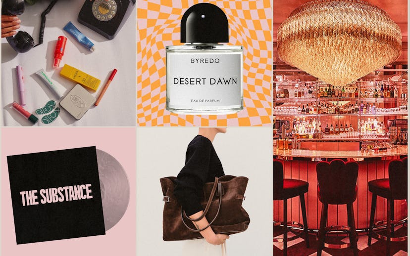 A collage featuring various lifestyle items: beauty products, a perfume bottle, a record, a fashion ...