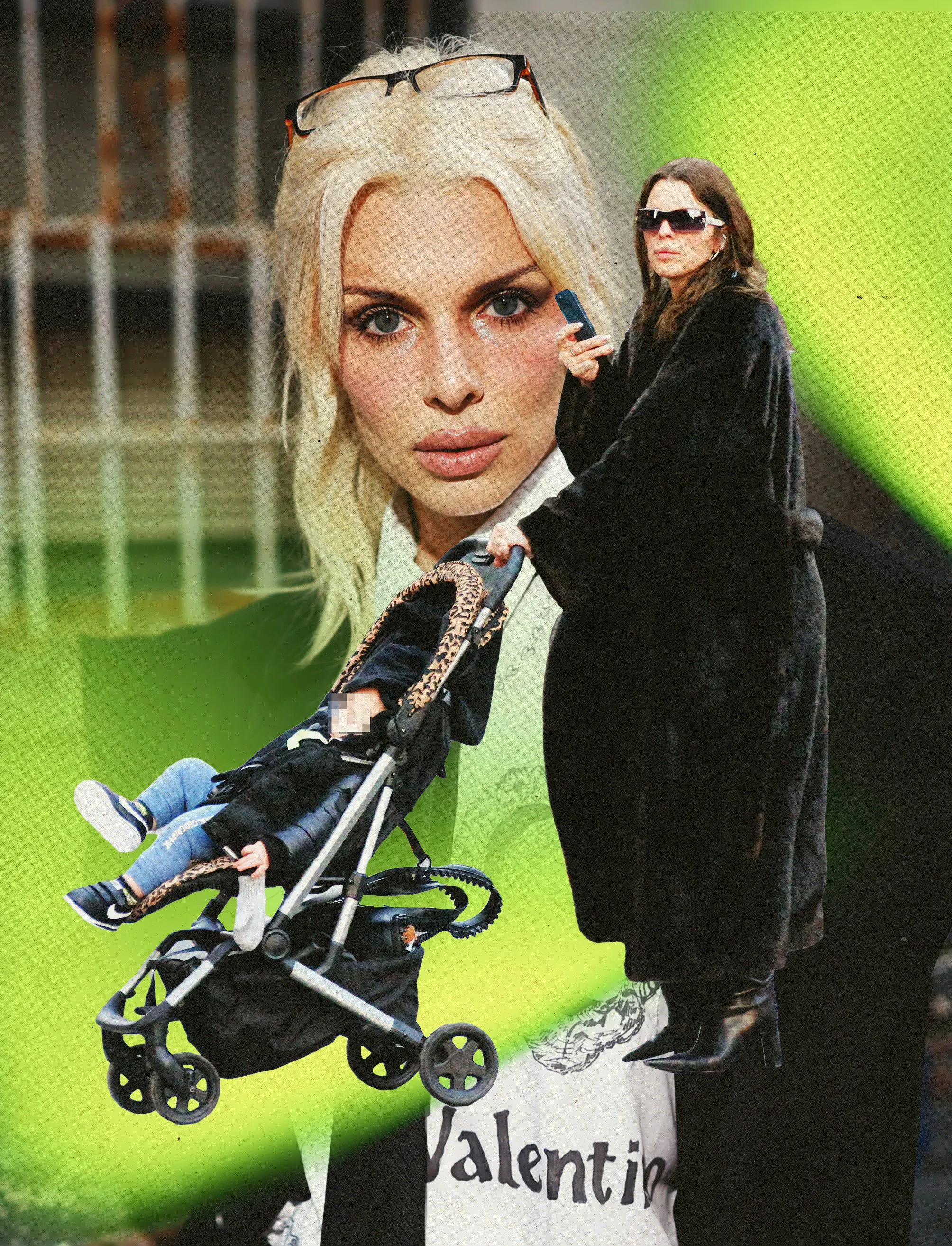 A digital collage featuring a woman with blonde hair and glasses, a stroller with a child, and anoth...