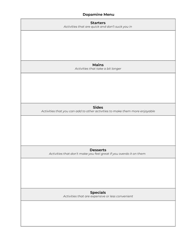 free downloadable dopamine menu template