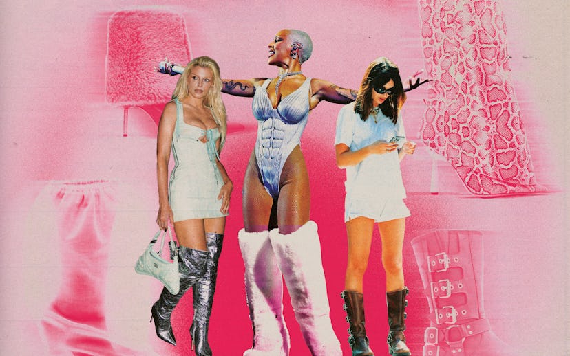 A vibrant, pink collage featuring three fashionable figures in striking outfits and unique boots, su...
