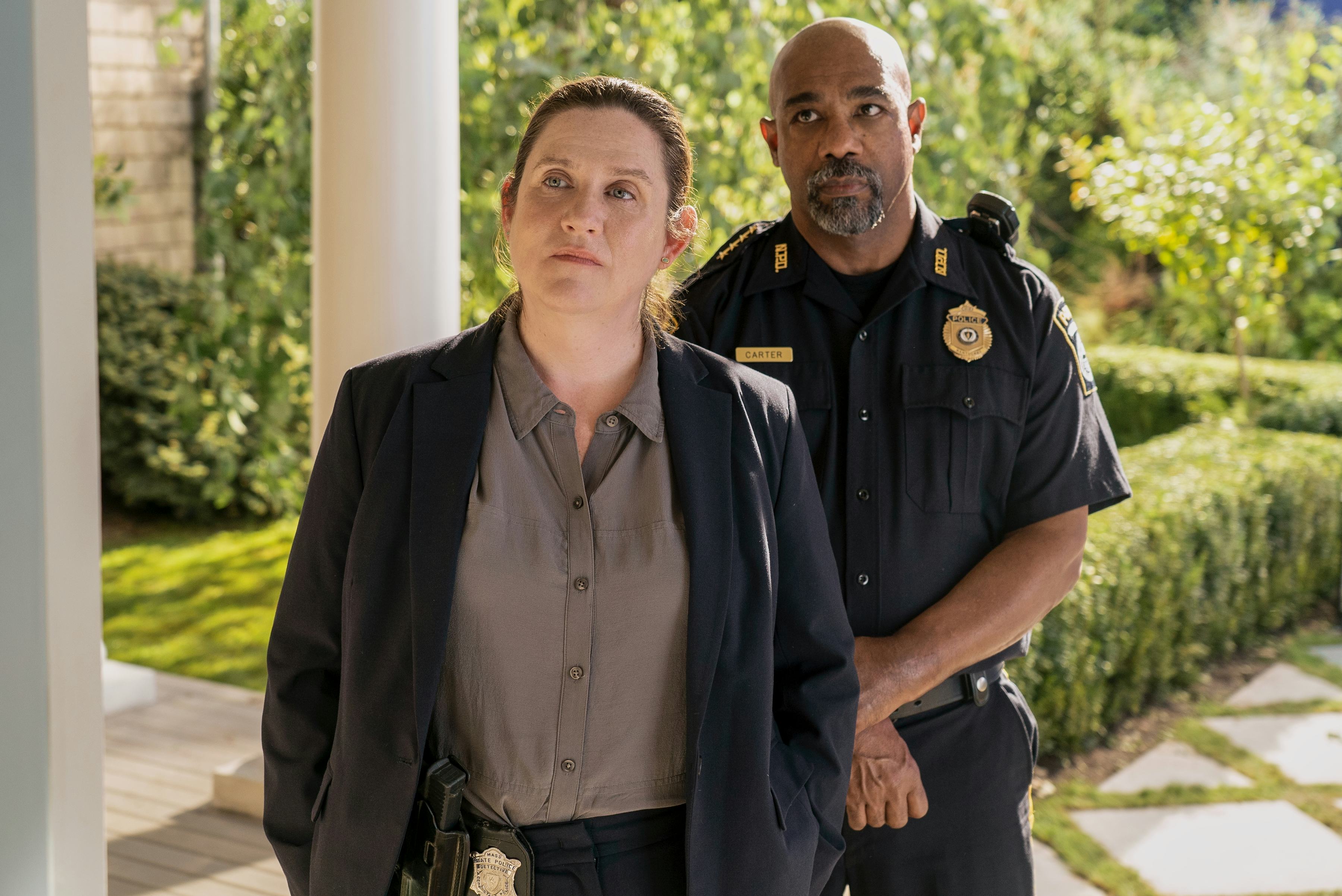 Donna Lynne Champlin and Michael Beach on The Perfect Couple. Photo via Netflix
