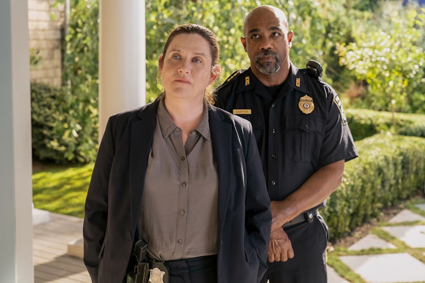 Donna Lynne Champlin and Michael Beach on The Perfect Couple. Photo via Netflix