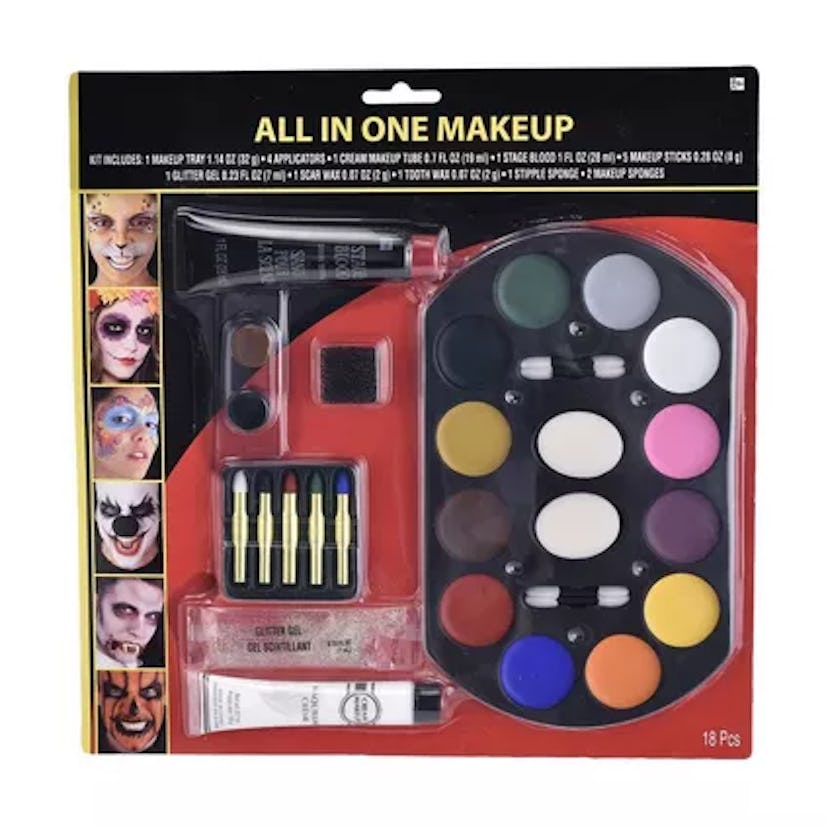 An all-in-one makeup kit featuring 18 pieces, including face paints, brushes, sponges, and accessori...