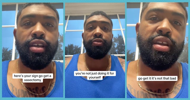 Three-panel image of a man with a beard in a blue tank top speaking directly to the camera, encourag...