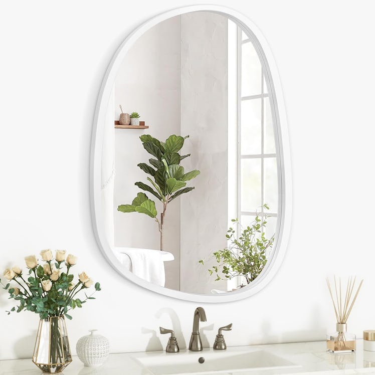 Lzuso Asymmetrical Wood Frame Bathroom Mirror