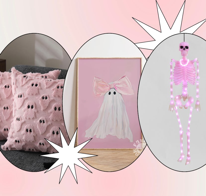 A whimsical Halloween-themed collage featuring ghost-patterned pillows, a ghost art print with a bow...