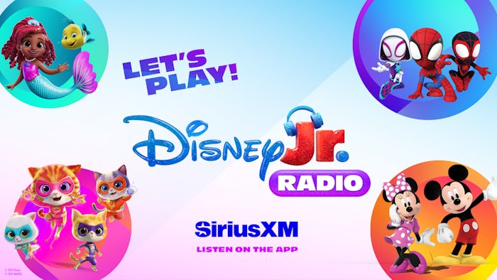 A vibrant graphic promoting Disney Jr. Radio features beloved characters, including superheroes and ...