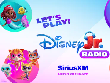 A vibrant graphic promoting Disney Jr. Radio features beloved characters, including superheroes and ...