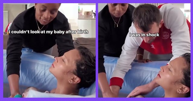 A woman in a birthing pool keeps her eyes closed after the birth of her baby — also known as the "bi...