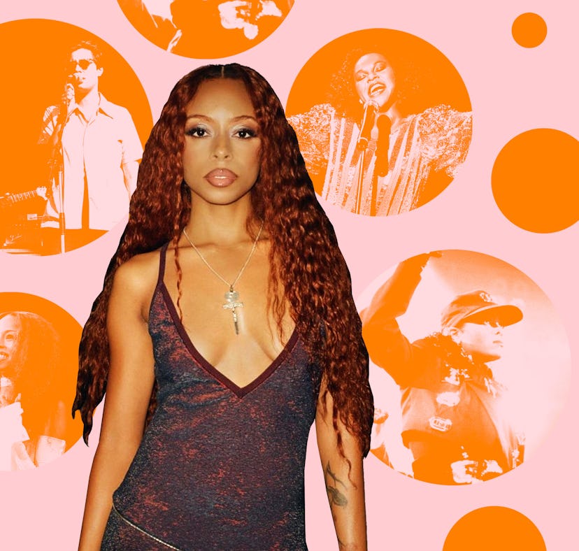 rising artist Ravyn Lenae, surrounded by photos of her musical inspirations