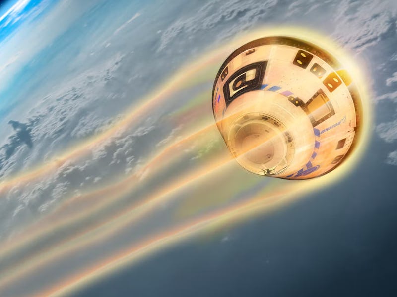 A gumdrop-shaped spacecraft reenters Earth's atmosphere. The illustration uses contrasting colors to...