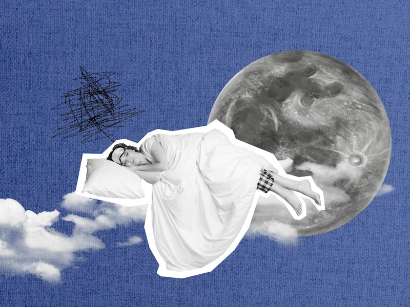 A dreamy collage featuring a figure sleeping on a bed among clouds, with a large moon in the backgro...
