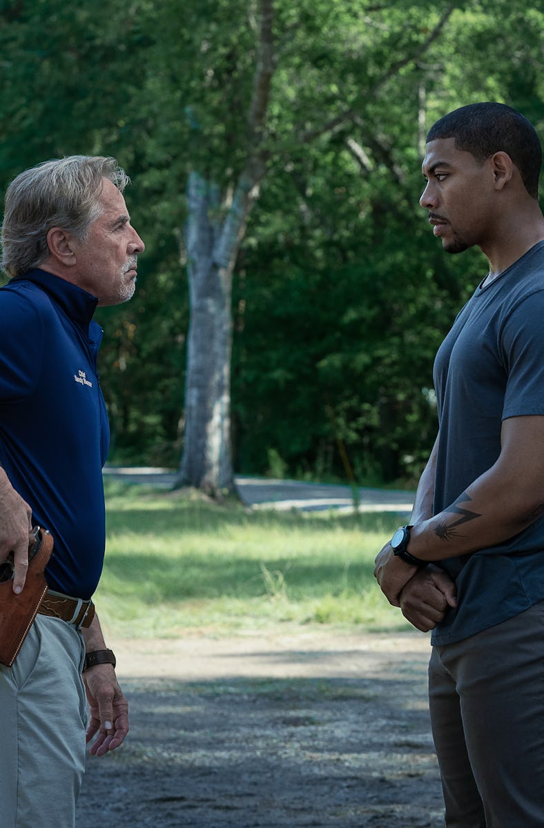Aaron Pierre as Terry Richmond, Don Johnson as Chief Sandy Byrne in Rebel Ridge