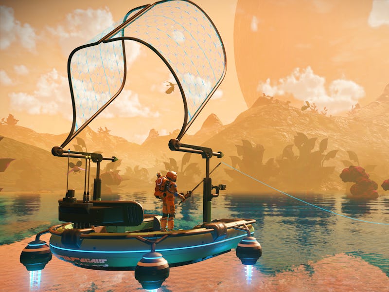 A player sits on his Exo-skiff and waits for a fish to bite