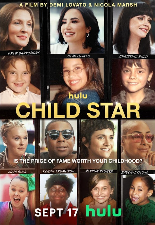 Poster graphic for Child Star, a new hulu documentary starring demi lovato.