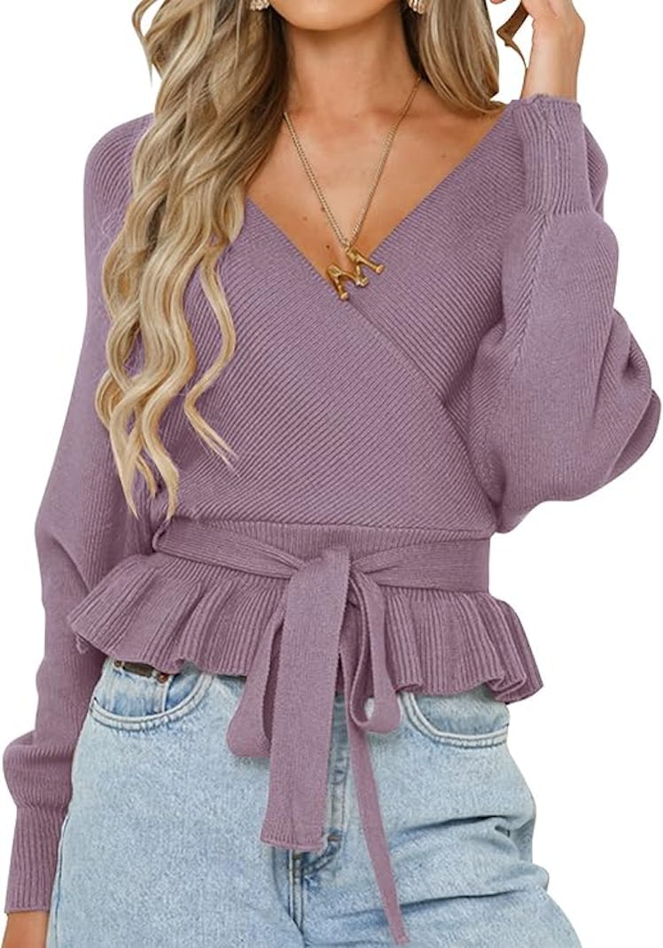 ZESICA V Neck Batwing Sleeve Wrap Sweater