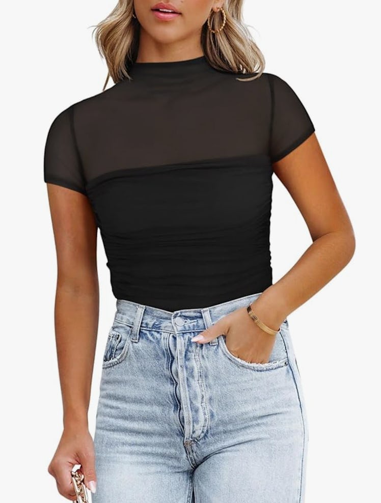 REORIA Mesh Mock Neck Bodysuit