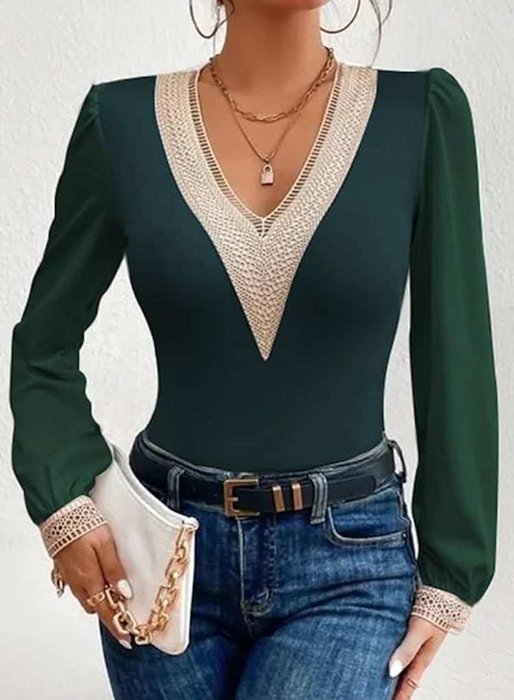 Dokotoo Lace V Neck Bodysuit