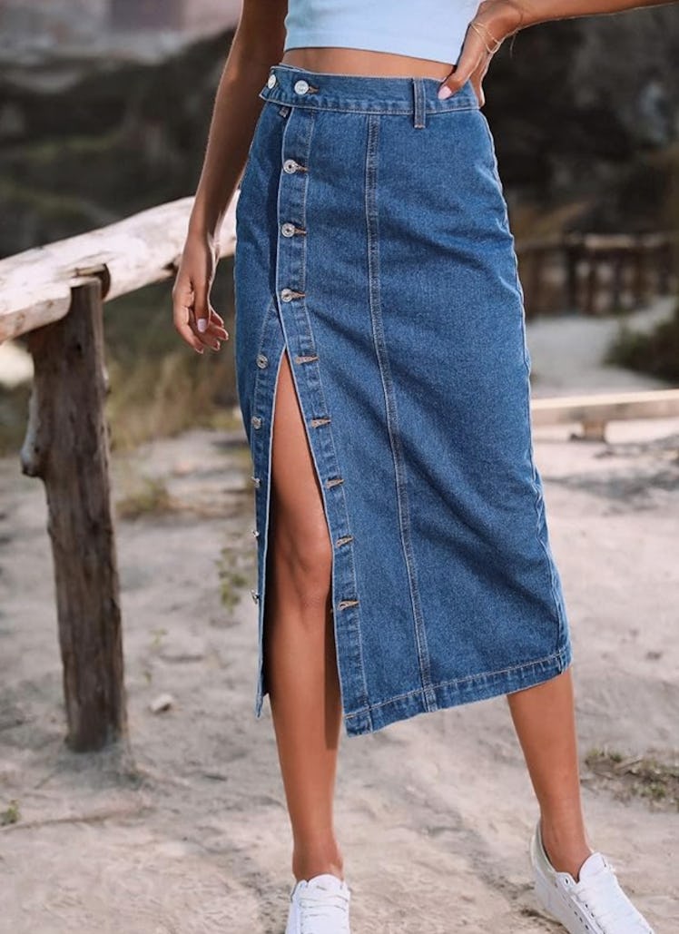 DvaeMalligo Slit Denim Midi Skirt